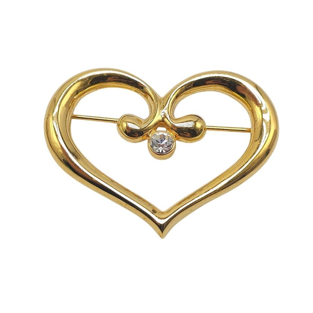 AAI Vintage 1990s Gold Tone Open Heart Brooch Rhinestone Polished Finish Pin